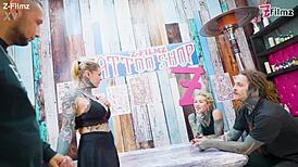 Big dicks pound this inked couple in wild foursome with tatted merry getting slammed hard