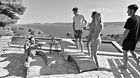 Lesbian babes Candee Licious and Olivia Del Rio strap on fuck shaved pussies countryside picnic perfection