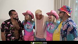 Chubby teddy from chicago gets double blowjob handjob from sexy blonde besties in amateur threesome cumswap