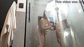 i hid my phone in bathroom to catch hot bbw aunt blowing boyfriend cum in mouth shower fun 📱💦