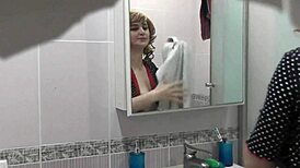 my sexy blonde milf wife calls neighbor to fix kettle he bends her over doggy fucks pussy on bed cumshot stockings