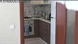 my sexy blonde milf wife calls neighbor to fix kettle he bends her over doggy fucks pussy on bed cumshot stockings