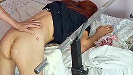 Patient pisses and squirts on gynecologist exam chair during hardcore fingering and doggystyle fuck