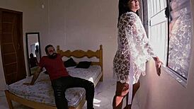 Lingerie babe fingers hairy pussy blows cock takes anal creampie swallow in hot assfuck