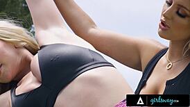 Damn, tough trainer kayley gunner pushes kendra sunderland then strap-on pounds her wet pussy hard!