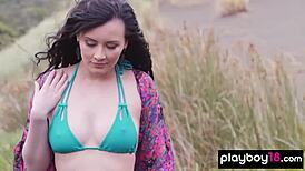 playful brunette skylar leigh strips bikini naked, poses sexy tits in outdoor stream fingering wet pussy 🌊💦