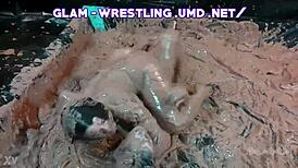 glam babes in messy mud wrestling tits out erotic catfight 😈💦