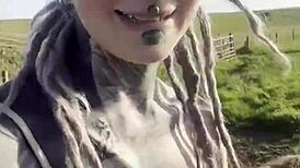 Tattooed Blackwork Hippie Girl Chats with Cows and Fans in Country Bodysuit