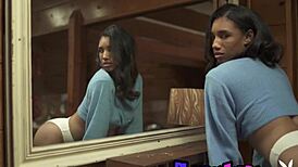 smoking ebony brookliyn wren strips to show shaved pussy and huge natural tits