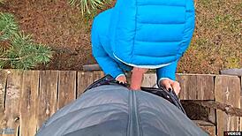 my wet milf pussy clings tight to his cock outdoors before panty cumshot
