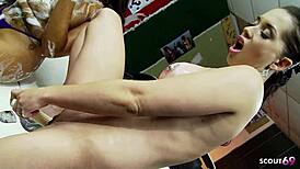 Wet lesbian bitches with huge tits soap up for dirty car wash foursome orgy!!