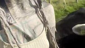 Tattooed Blackwork Hippie Girl Chats with Cows and Fans in Country Bodysuit