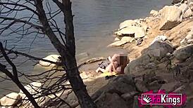Voyeur catches redhead Jade Nymph fucking wildly by the lake outdoors
