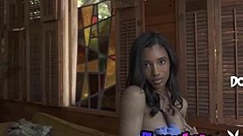 smoking ebony brookliyn wren strips to show shaved pussy and huge natural tits