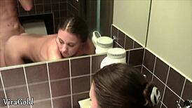 Skinny teen brunette gets quick toilet fuck ending in wet pussy creampie