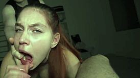 Perfect redhead teen pussy takes two huge cocks riding doggystyle in bedroom creampie finish