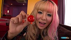 This tan asian gyaru toys her pussy while you pound her with vibes pov style... so hot!