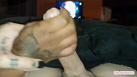 Netflix With Stepbro Turns Into Ebony Tattoo Handjob On Monster Cock