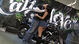 Bald Biker Conquers Dripping Brunette Pussy in Boot-Stomping Ride