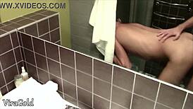 Skinny teen brunette gets quick toilet fuck ending in wet pussy creampie