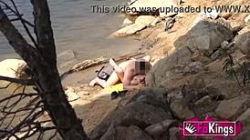 Voyeur catches redhead Jade Nymph fucking wildly by the lake outdoors