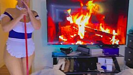 submissive maid chokes on sloppy blowjob then rides doggystyle cowgirl to huge creampie