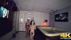 Big cocked gaucho fucks busty milf pussies in steamy sauna.
