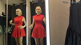 check out this slutty wife flashing see-through outfits in mall changing room 👀🛍️