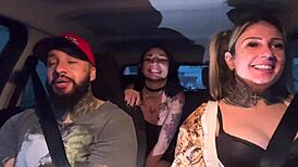 Skinny 18yo passenger sucks driver's cock in car till he cums on small tits.