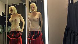 check out this slutty wife flashing see-through outfits in mall changing room 👀🛍️
