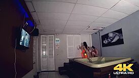 Big cocked gaucho fucks busty milf pussies in steamy sauna.