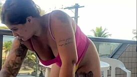 husband catches wife flashing big pussy balcony bikini wash