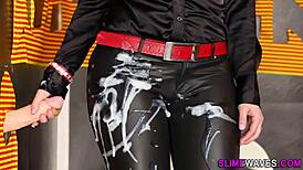 Glamour whore in heels gets messy bukkake facial from blowbang crowd at gloryhole