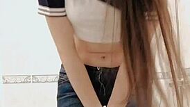 Pissing teen undresses panties pees bath squeezes mouth