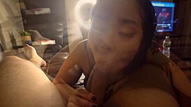 sloppy asian deepthroat face fuck ends in dripping facial cumshot pov