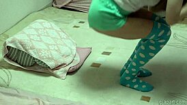 Slender Japanese Rika Miama Strips Socks and Shorts for Intense Dildo Masturbation