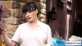 Lesbian carpenter eagerly licks pussy and fingers big tits wife in lingerie.