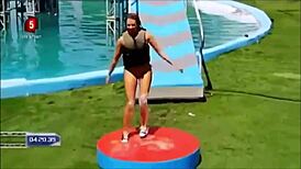pretty danish bikini teens slip slide in pool wipeout scandinavian fun