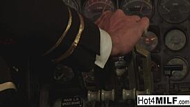 Flight Attendant's Big Fake Tits Bounce as She Fucks Cock in Cockpit