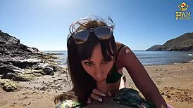 I'm loving this big ass Spanish beauty riding my huge cock on the beach, her wet pussy dripping in public doggystyle