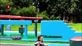 pretty danish bikini teens slip slide in pool wipeout scandinavian fun