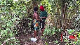 African stud doggystyles hairy pussy village teen bent over bush outdoors.