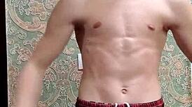 After school, the skinny flexible bodybuilder flexes his toned muscles in homemade amateur display for admirers.
