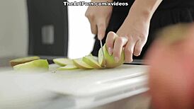 brunette asian with tattoos teases in glamorous blowjob scene