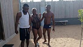 My friend and I fuck big-tits beach girl's juicy pussy rough