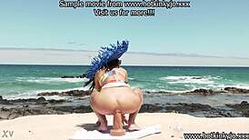 hotkinkyjo's mrhankey dildo stretches ass with belly bulge on beach