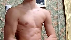 After school, the skinny flexible bodybuilder flexes his toned muscles in homemade amateur display for admirers.