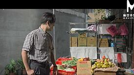 so this newlywed asian wife sneaks off to the toilet and rides the gruff veggie stall owner's cock behind her hubby's back