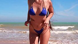 WOW, Petite Bikini Girl Flashes Tanned Body on Crowded Beach!
