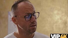 Vip4k. Young Latina Girlfriend Seduces Tattooed European Daddy on Sofa with Shaved Pussy